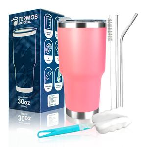 Vaso térmico de 30 oz (887 ml) de acero inoxidable premium | Tapa hermética antiderrames | Con 2 popotes de acero | Cepillo para popote | Esponja de limpieza | Bebidas frías y calientes | Aislamiento de doble pared | BPA Free