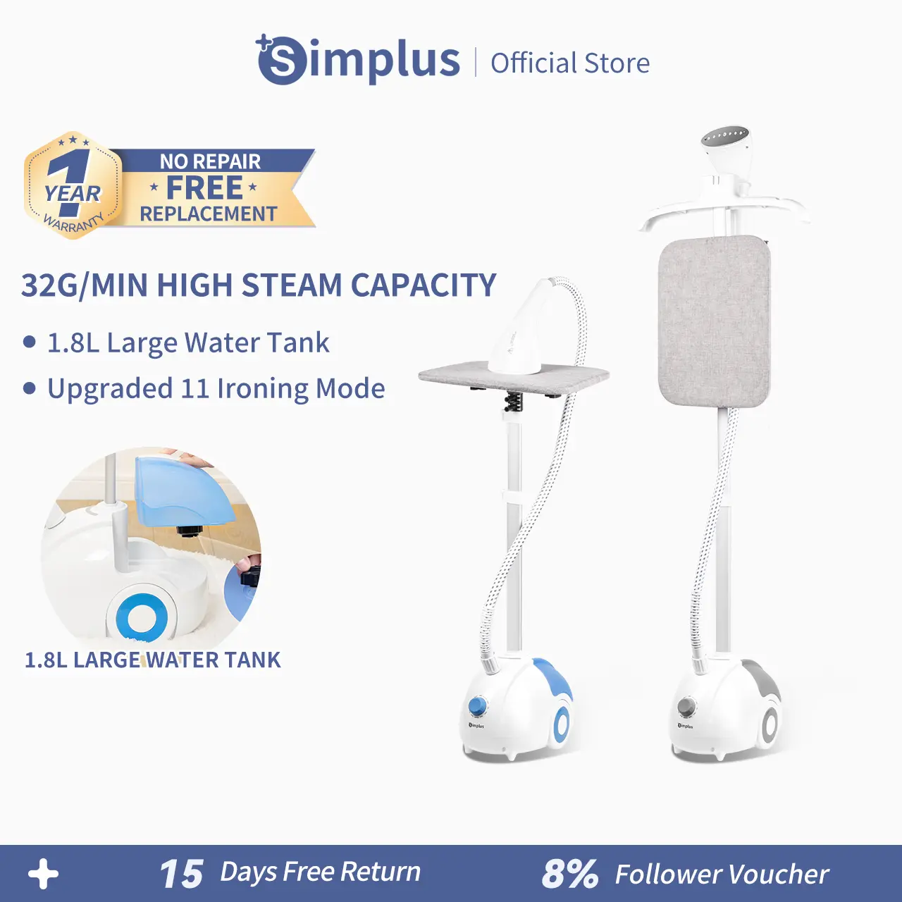 Simplus Standing Garment Steamer With Ironing Board Rotatable Handheld 2000W 2 In 1
