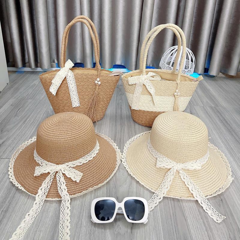 Combo mũ và túi cói handmade phối tua rua, ngọc trai và nơ ren – chuẩn gu nàng thơ đi biển