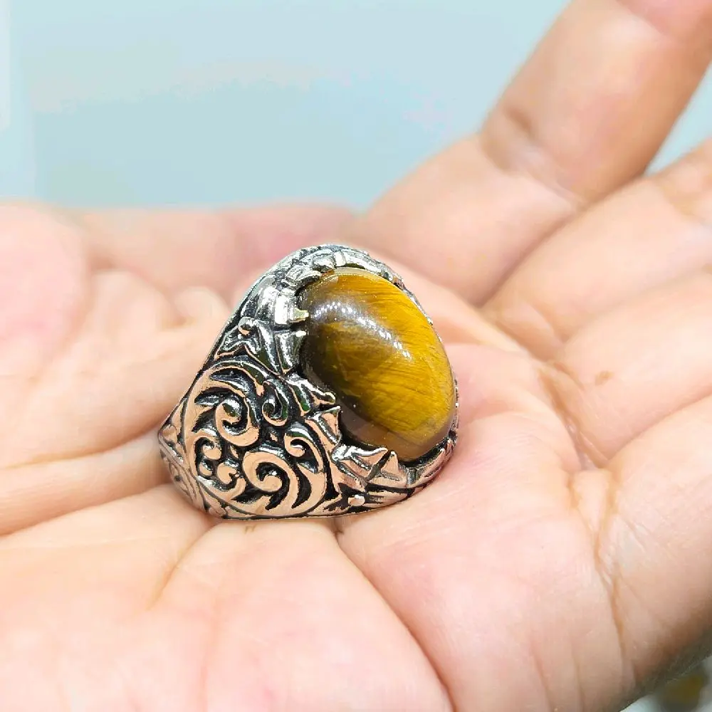 Batu cincin akik tiger eye 16mm / biduri sepah / asli natural batu alam