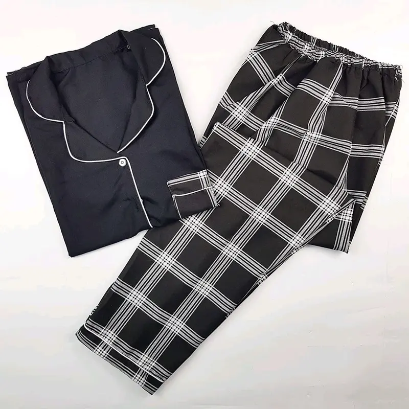 Piyama Wanita Dewasa Lengan Pendek Celana Panjang Label L Bahan Katun Lingkar Dada 102 - Baju Setelan Motif garis 8