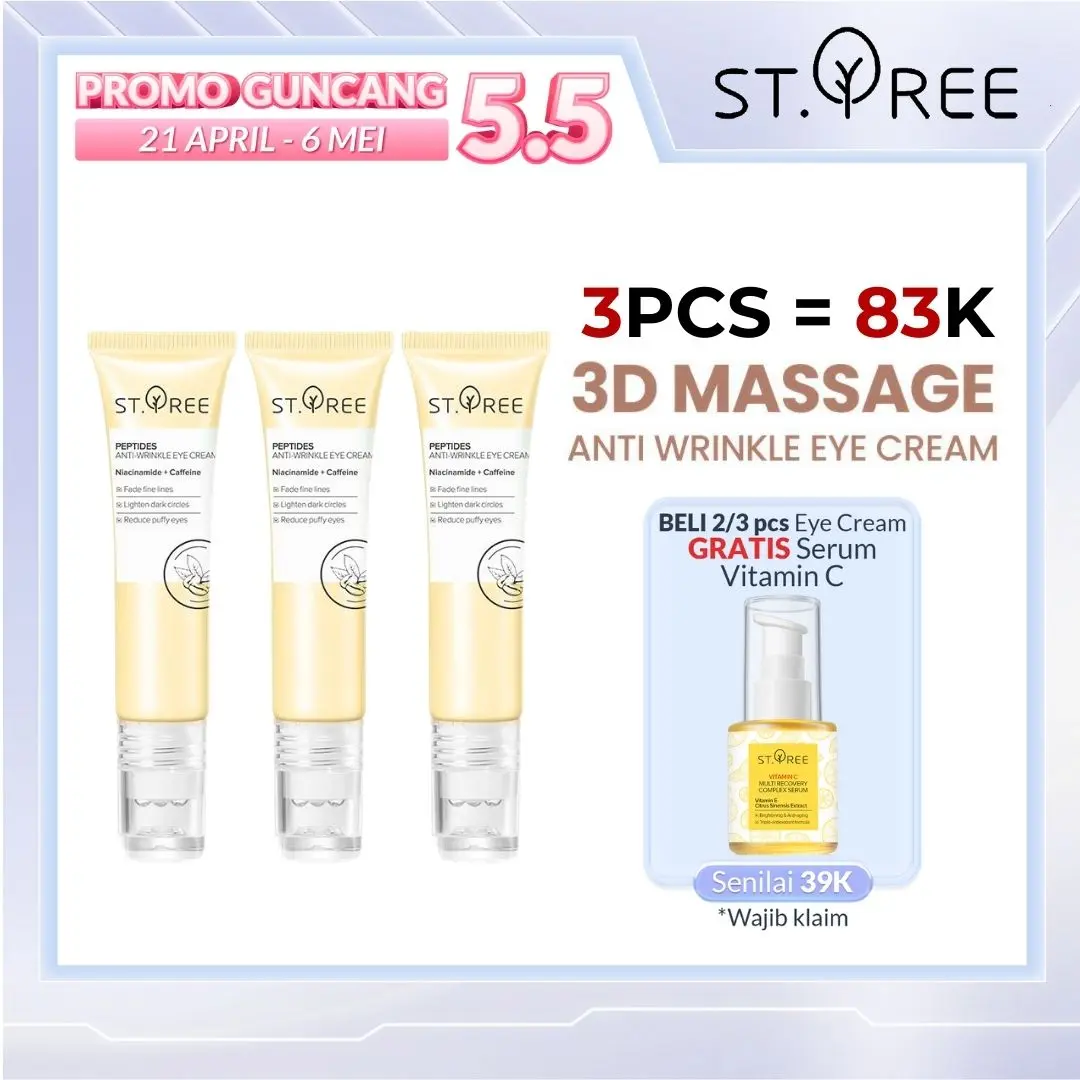 [COD] ST.TREE [3 PCS] Multi Peptides Anti-Wrinkle Eye Cream 15 gr | Triple Pack Serum Perawatan Mata dengan 3D Roller Massager - Krim dengan Niacinamide dan Caffeine untuk Mencerahkan, Mengurangi Kantung Mata Panda, Kerutan, Garis Halus, Mengencangkan