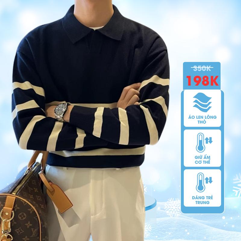  Áo len nam cổ polo dài tay trẻ trung cá tính áo len nam phối kẻ ngang phong cách hàn quốc 