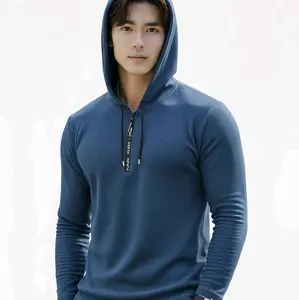 kaos pria lengan panjang Hoodie Ziper wafle polos