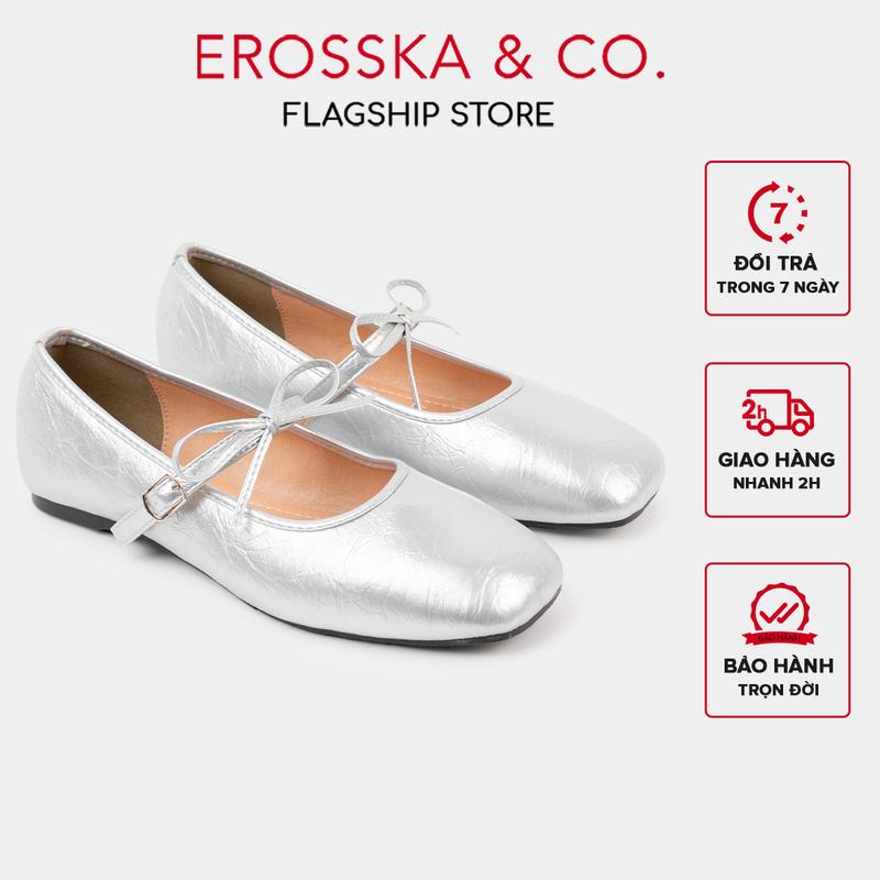 [EROSSKA KOL] - Giày búp bê nữ lolita mũi vuông, quai ngang thắt nơ dễ thương màu bạc - KOL EL080