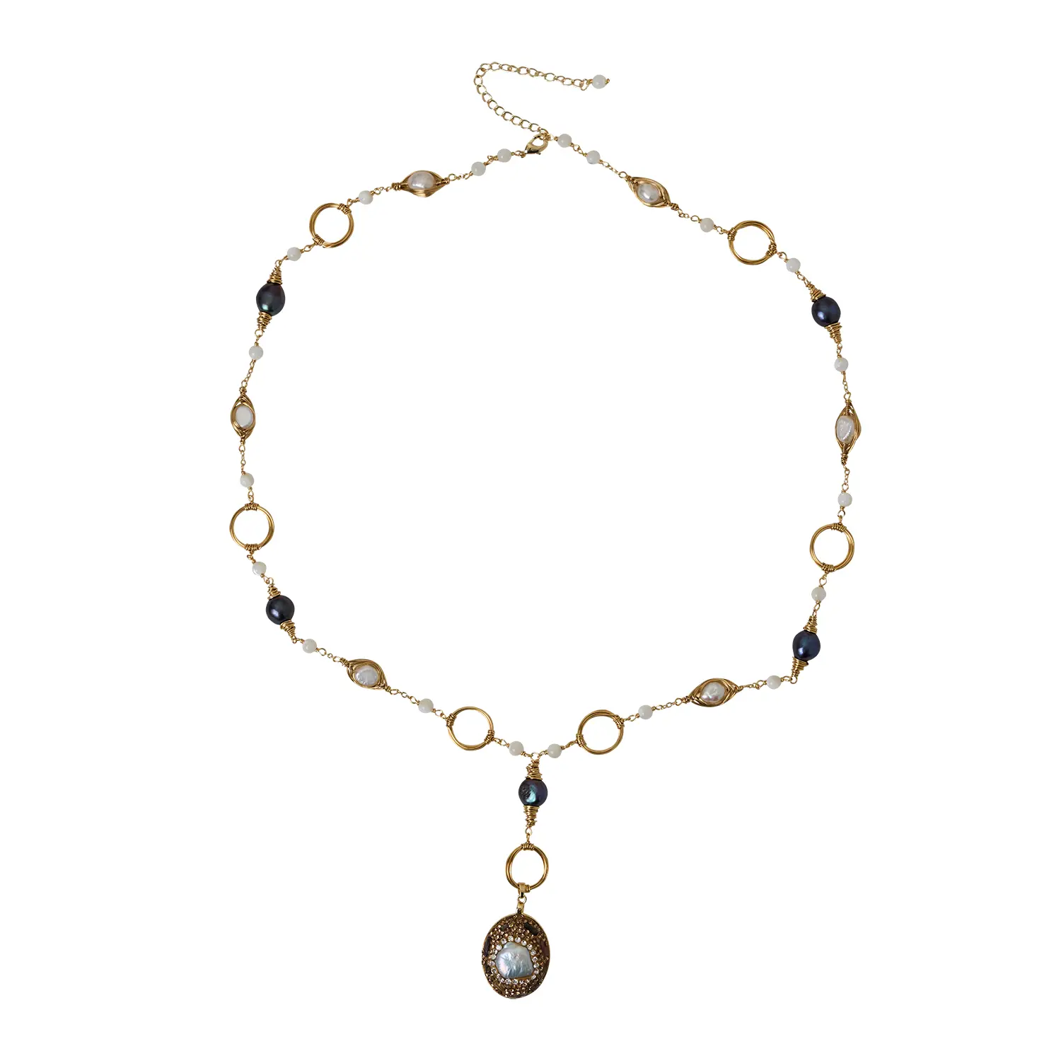 N513 Natural freshwater Baroque pearl 14K package gold wrapped handmade winding wire  button long necklace fashion jewelry sweater  chain