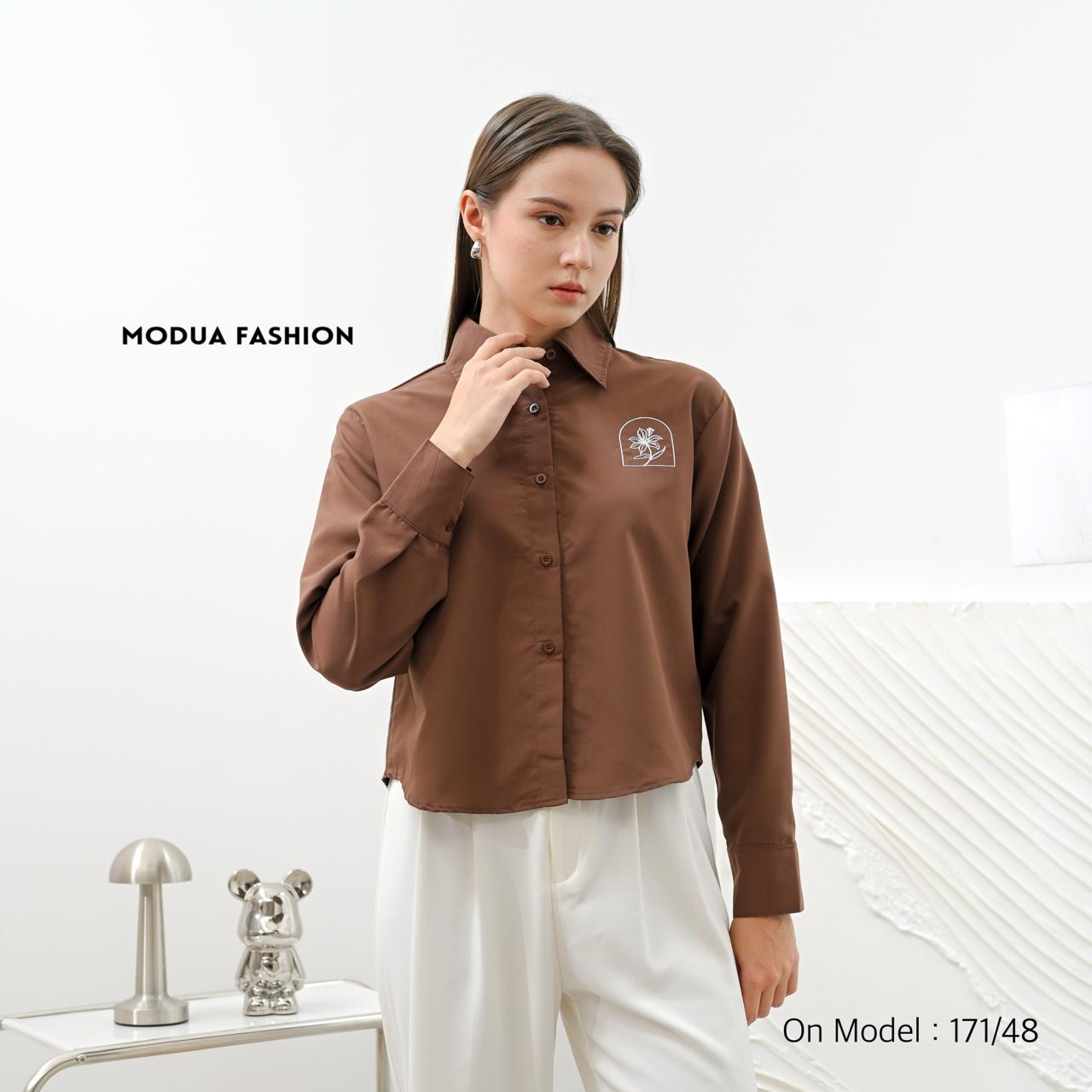 MODUA - FLOLA SHIRT Kemeja Formal Wanita Korea Bluse Kekinian Bahan Poplin Premium Bordir Eksklusif Earth Tone Hijab Friendly Size L MODUA - FLOLA SHIRT Kemeja Formal Wanita Korea Bluse Kekinian Bahan Poplin Premium Bordir Eksklusif Earth Tone Hijab Friendly Size L