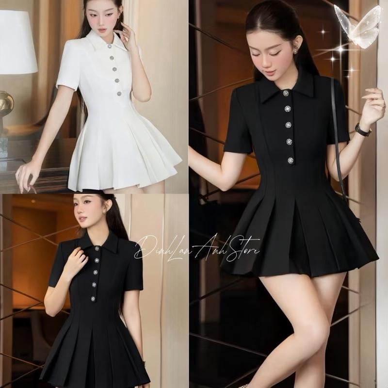  Váy Peplum Somi Cổ Bẻ Cúc Đá Trắng Đen Trẻ Trung Thanh Lịch Sang Trọng - DinhLanAnhStore 