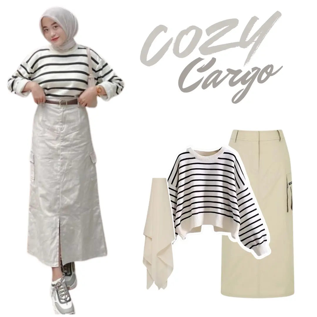 Oneset Wanita Korean Style 3 In One (Atasan Sweater Rajut Hijab Bella Square Rok Cargo) | BS133 Setelan Panjang