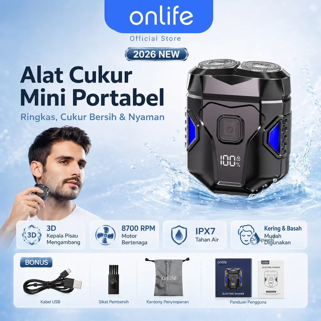 Onlife Mini Electric Shaver HA01 - Alat Cukur Jenggot Elektrik Portable dengan Kepala Pisau 3D Floating, Tahan Air IPX7, Baterai 60 Menit, Garansi 2 Tahun, Tas Penyimpanan Gratis