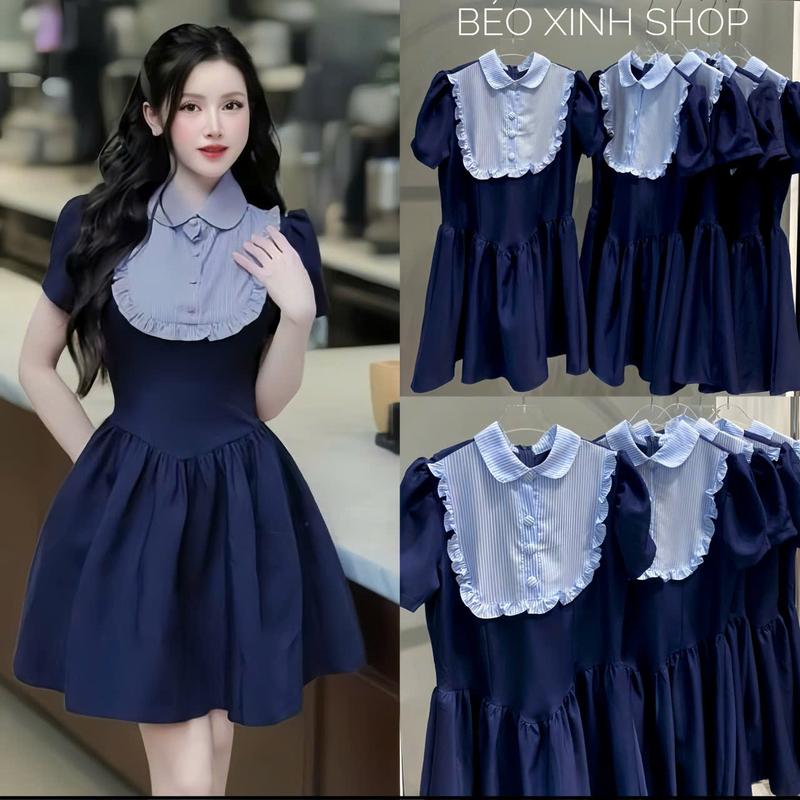 Set Váy (Kèm Quần Trong) Phối Cổ Sơ Mi Viền Bèo Nữ Tính Vải Cotton Lạnh Cao Cấp Thanh Lịch Bigsize Từ 40 - 90Kg Thời Trang Nữ Béo Xinh Shop - A.1585