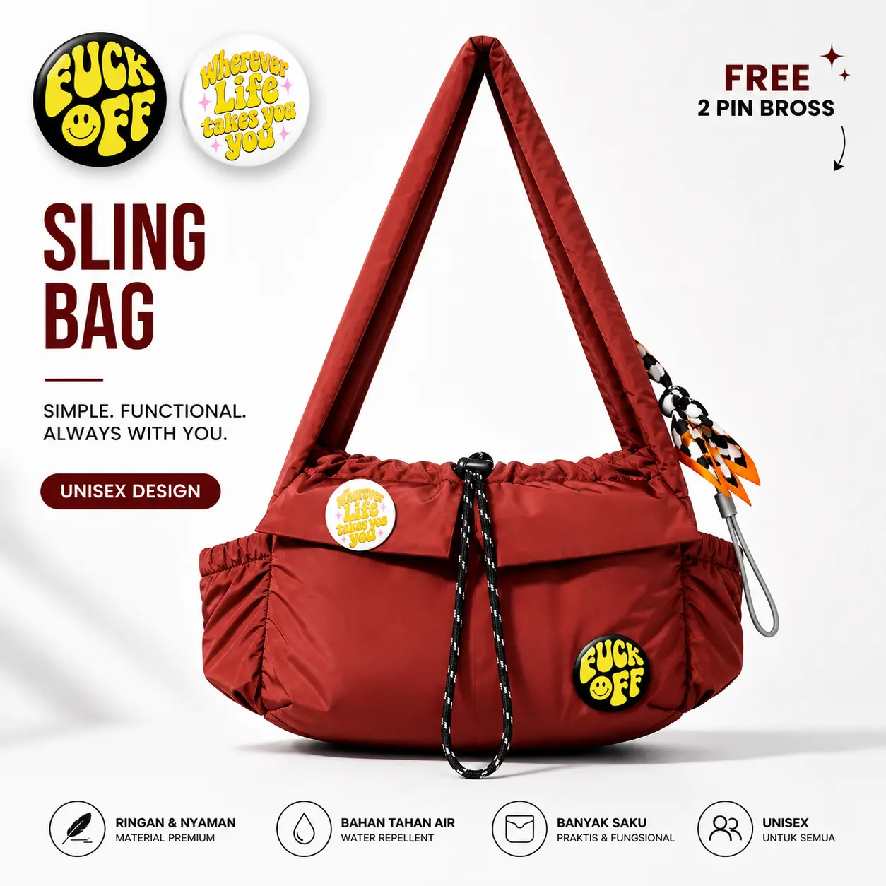 (Gratis Pin) Tas selempang nylon crinkle jumbo waterproof skena kalcer slingbag crossbag kekinian unisex pria wanita