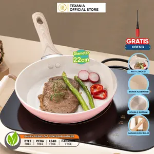 [EXCLUSIVE ISCHAINDYOFC] TEXANIA Frypan Wajan Pink Anti Lengket Aluminium Alloy Double Bottom Free Obeng Kitchenware