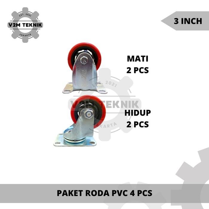 Jual PAKET 4 PCS RODA PVC Merah 3 Inch / Roda Trolley 3