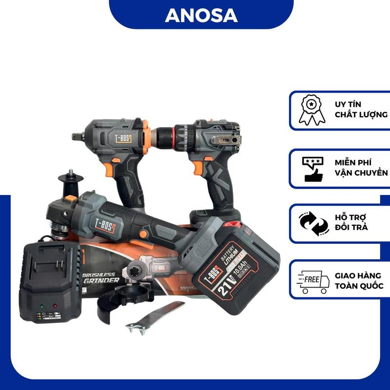 [HQD] Bộ Combo T-Boss Xám Máy Mài, Máy Khoan 10ly, Máy Siết, 1Pin 20Cell Sạc - Động Cơ Không Chổi Than, Chân Pin Phổ Thông