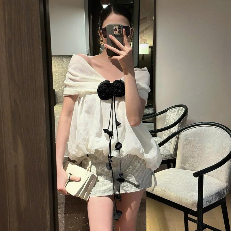 ( Đính Hoa Đen ) Set Váy Trễ Vai Chân Váy Thêu Nơ Chữ A Kèm Quần Trong Top