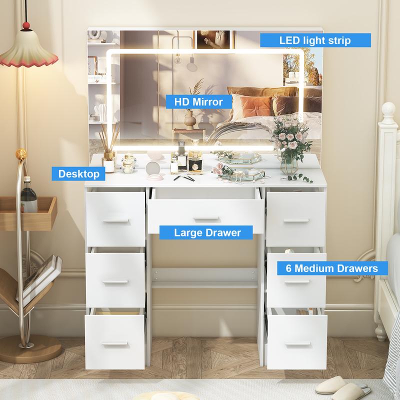 Product Introduction of Dressing Table with LED Lights,Glass Top Bedroom Vanity Table with Large Smart LED Mirror ,Large Vanity Desk with 7 Drawers, White 0