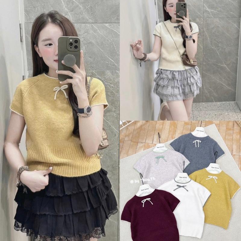 Áo Len Cổ Tròn Cộc Tay Nơ Cổ Xinh,Bo Gấu Nhẹ Nhàng,Chất Len Dày Hàng QC 5 Màu