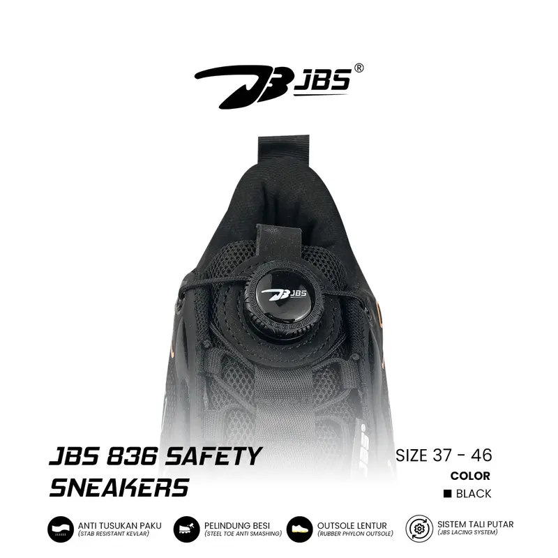 Sepatu Safety Sneakers JBS 836 Steel Toe Cap Tali Putar Sepatu Kerja Lapis Kevlar Anti Tusukan Paku Merah Black High Shoes 3