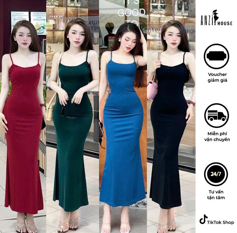[ANZi House] Đầm Body 2 Dây Đuôi Cá Tôn Dáng, Vải Thun Gân Quảng Châu, Co Giãn Mát Mẻ, Dành Cho Phụ Nữ – Màu Đỏ
