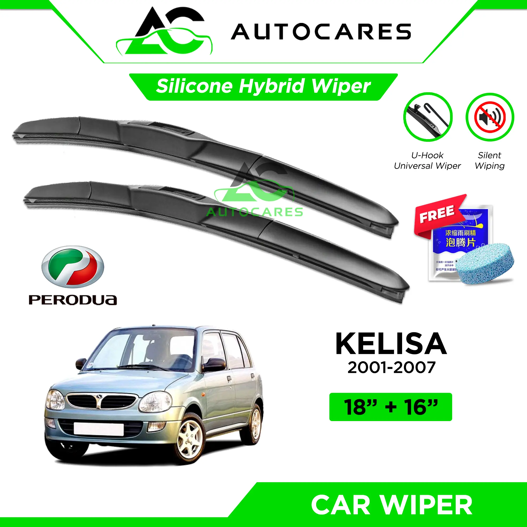 Car Wiper K908 Wiper KELISA 2001-2007 | 18"+16" Wiper Hybrid Silicone Wiper Kereta Original Japan Silicone Perodua Kelisa Wiper