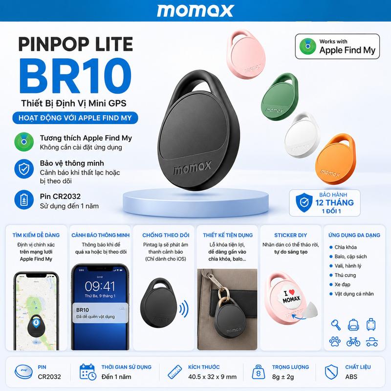 Thiết bị định vị Momax Pinpop Lite - Apple Find My Tracker | Cảnh Báo Thông Minh | Pin CR2032PL