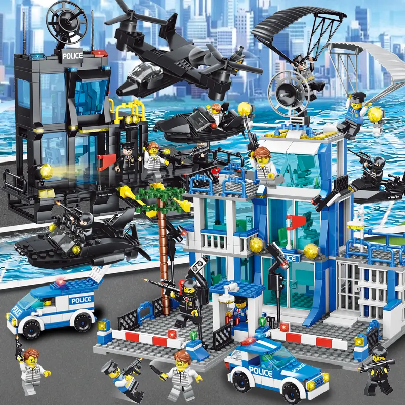 Blue Police Department Children's Building Blocks Toy, Modern City Model Assembly Toy Gift