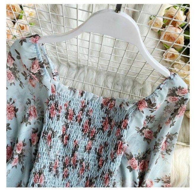 Product Introduction of Retro Floral Crop Top for Women Long Sleeve High-waisted Short Blouse Off-shoulder Shirt 7