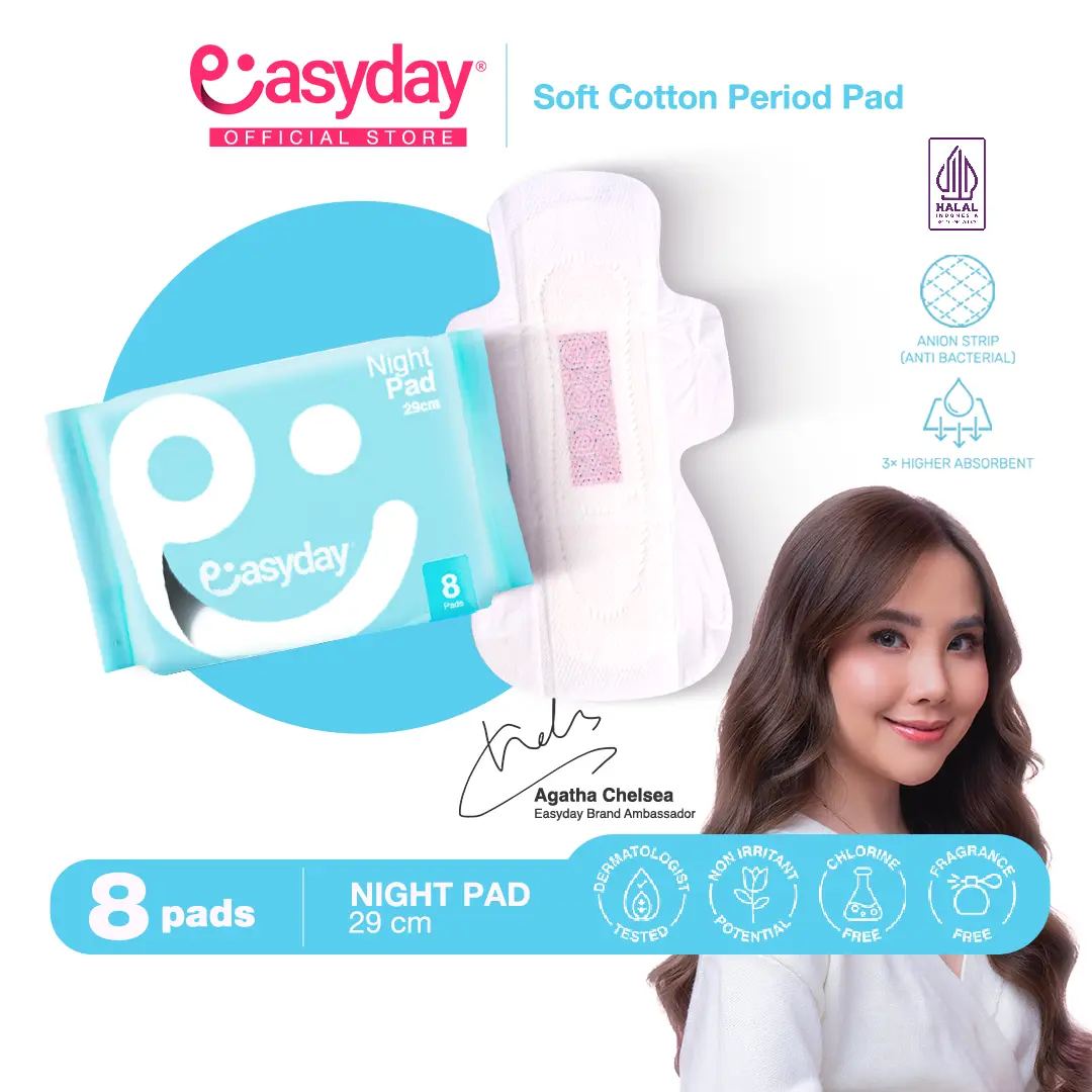 Easyday Night Pad 8 Pcs 29 cm | Pembalut Wanita Untuk Malam Hari | Premium Cotton and Anion Strip Anti Iritasi & Bau