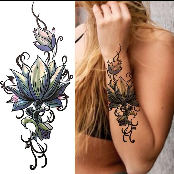 Sticker Stiker Bunga Angry Lotus Hijau - Tato Temporer Tubuh - Tattoo Tatto Temporary Kering Tahan Air Sementara Anti Air - Seri QC-661 Wanita 1
