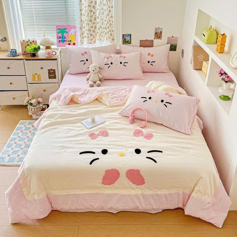Set chăn ga đũi 4 món hello kitty cute hột me gồm 1 chăn hè đã trần bông 1 ga phủ khách lấy ga chun nhắn shop và 2 vỏ gối đầu