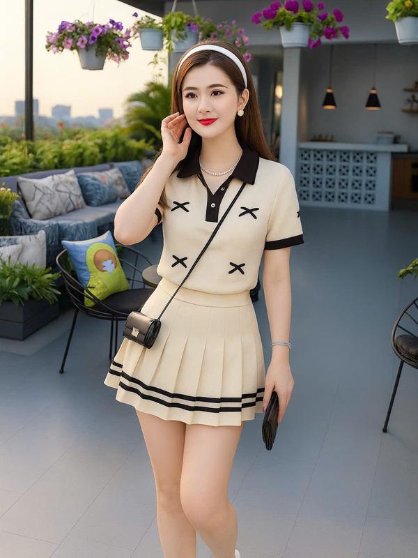  Set Váy Nữ Bigsize Áo Cổ Bẻ Phối Nơ Kèm Chân Váy Xếp Ly Chất Thun Tăm set đồ đẹp Top Women set nữ Mã XG45 