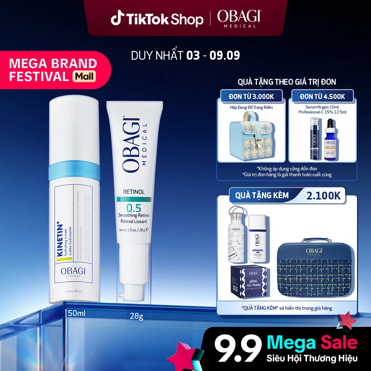 Bộ đôi Kem Dưỡng Làm Mờ Nếp Nhăn & Làm Đều Màu Da Obagi Retinol 0.5 28g & Kem Dưỡng Ẩm Làm Dịu Da Obagi Clinical Kinetin+ Hydrating 50ml