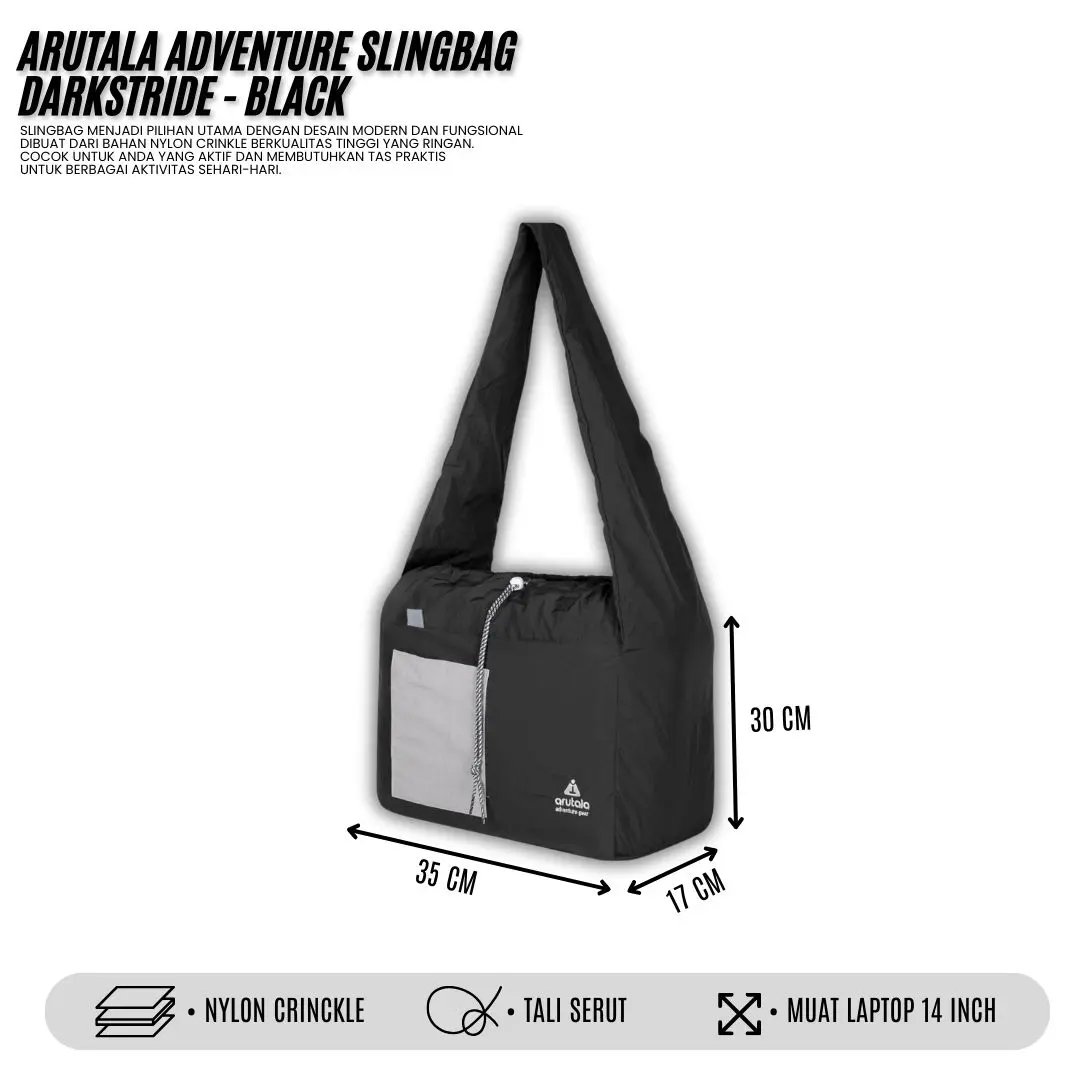 Arutala Adventure - Darkstride BLACK Waterproof Slingbag Tas Selempang Pria Wanita