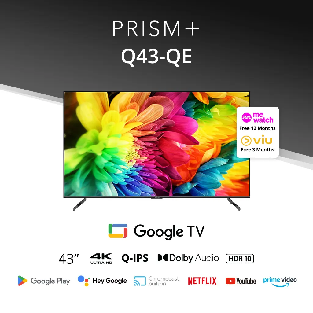 PRISM+ Q43 Quantum Edition |4K Google TV|43 inch | Quantum Colors | Google Playstore | Inbuilt Chromecast | HDR10 | IPS Panel|ZeroBezel |4K Netflix & Youtube | Dolby Audio | DTS TruSurround | Digital TV [Arrives in Late April]
