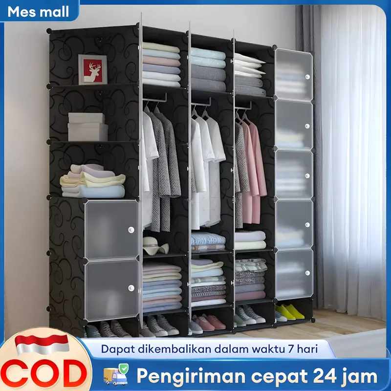 Mes mall Rak furnitur lemari pakaian multifungsi Lemari kain rumah Lemari pakaian dengan rak sepatu Lemari pakaian DIY yang dapat dilepas Tabung baja tahan karat yang diperkuat Penyimpanan multi-lapis Lemari pakaian tahan lembab dan tahan debu Stainless 0