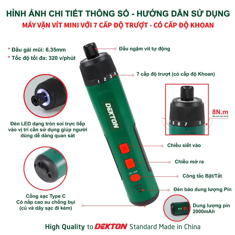 Máy Siết Vít Điện Tử Mini 4V Dekton / Lắp Đặt PC / Vặn Vít Tủ Điện / Sửa Đồ Gia Dụng / Tháo Lắp Dàn Áo Xe / DK-CV0402 / DK-VT08PLUS 2