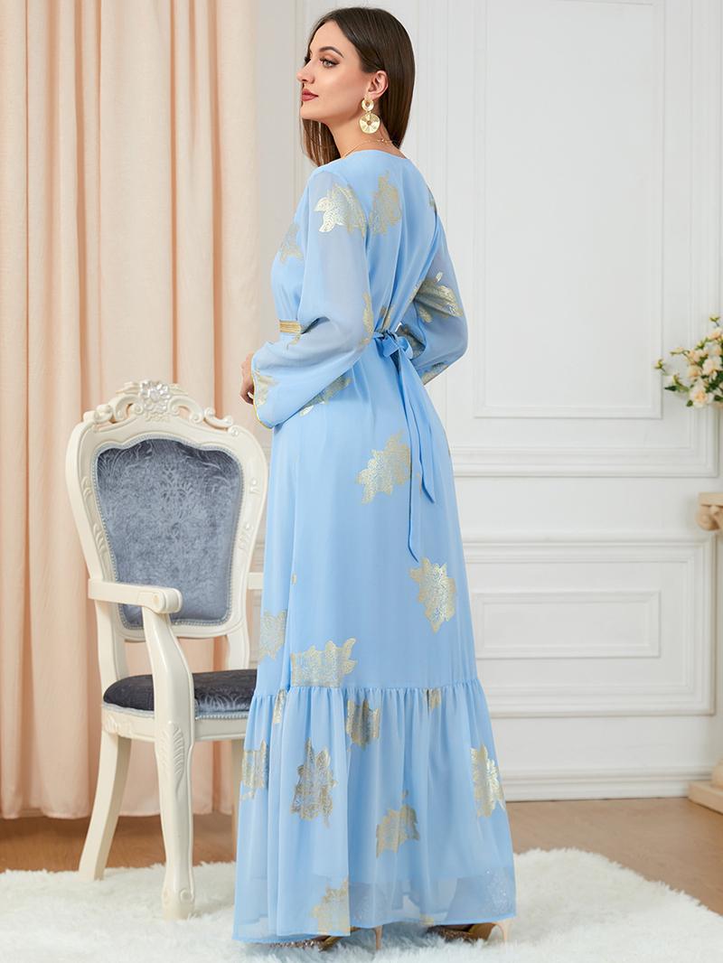 Product Introduction of Baju Raya Middle East Dubai Muslim women's clothing with belt abaya fashion high-end hot stamping dress 8