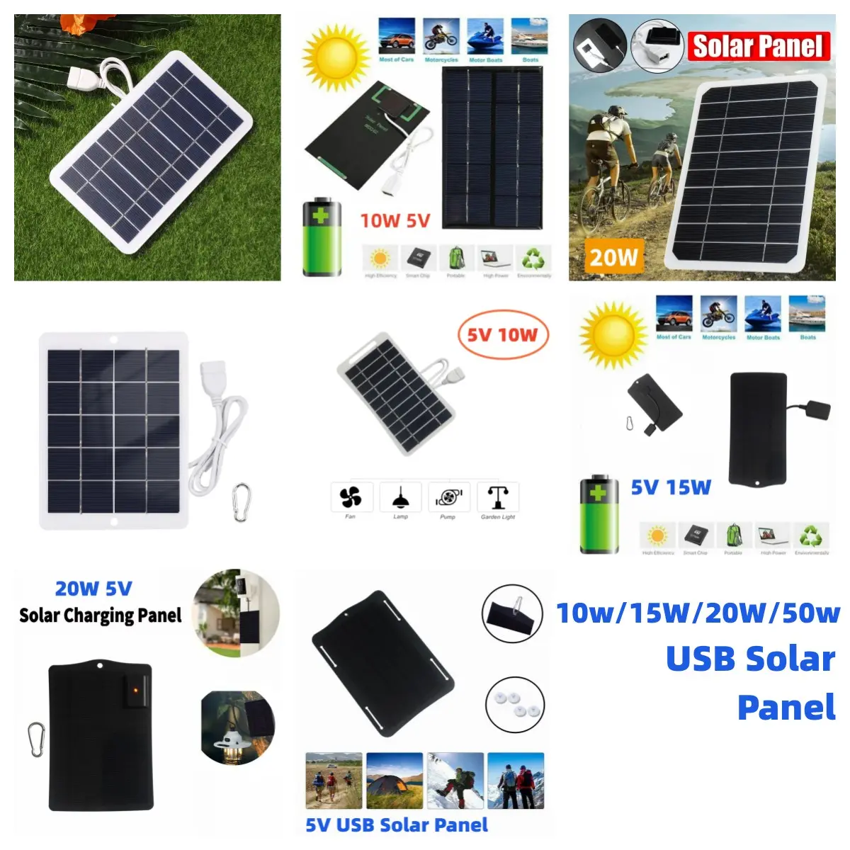 10W/15W/20W/50W 5V USB Solar Panel Power Bank Solar Panel Charging Board System for Cell Phone Charger Outdoor Camping Hiking