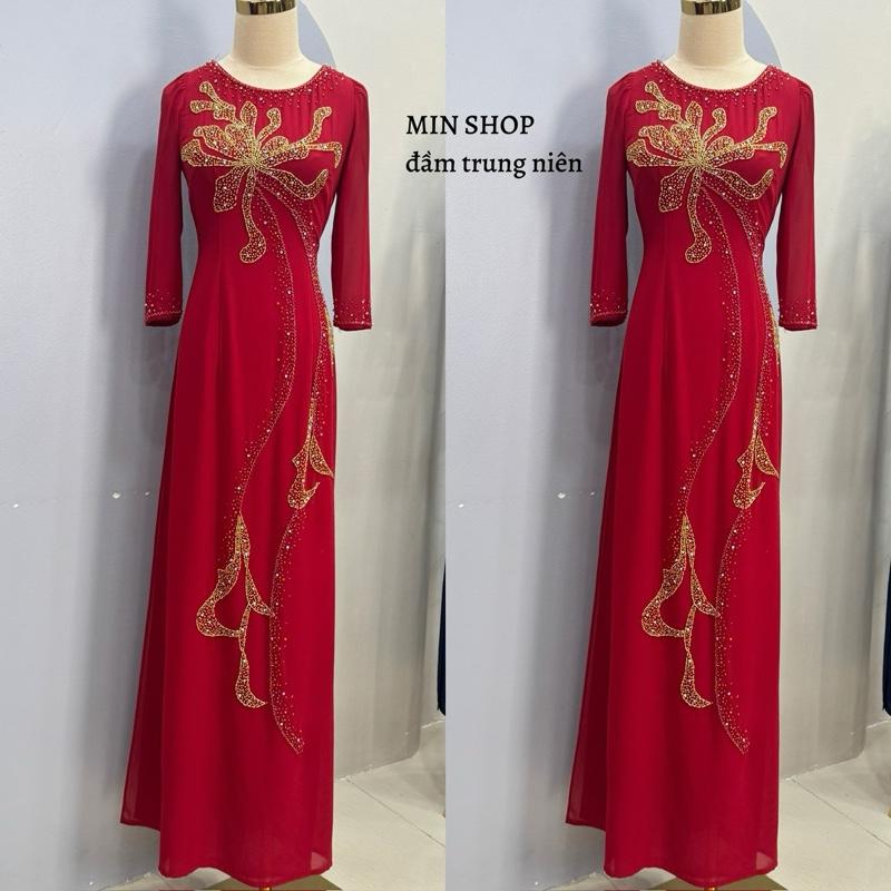 MIN SHOP - Áo dài quần rời truyền thống vải chifon thiết kế tráng gương cổ tròn hoạ tiết bắt mắt với gam màu xanh đen và đỏ Nữ Women - Voi, Dress, phù hợp làm sui