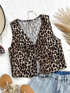 Chaleco casual de estampado de leopardo para mujer, con amarre en la espalda, estilo europeo y americano, cómodo y elegante, perfecto para uso diario