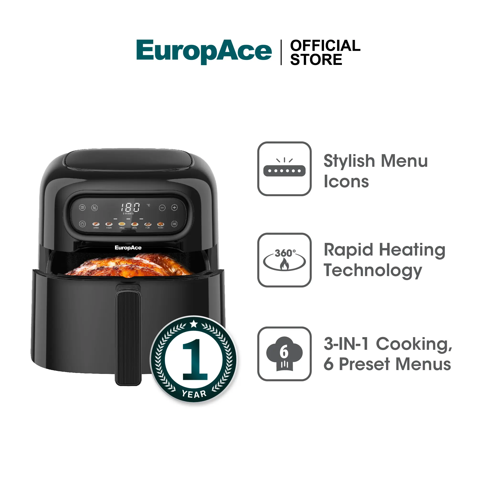 EuropAce 3-IN-1 Air Fryer | EAF3421DBK | Rapid Heating Technology, 6-Cooking Menu Presets & Shake/ Flip Reminder