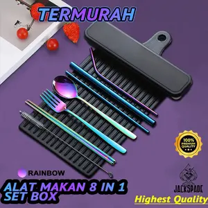 8 in 1 Set Alat Makan Korea Stainless Steel Tebal - Alat Makan Portable Full Set Sendok  Peralatan  Kotak  Biru Garpu Gold