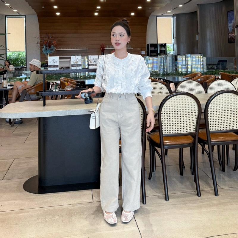 [Q39] Quần jean suông nữ màu kem lưng cao ống rộng lai to 95cm Lin Boutique