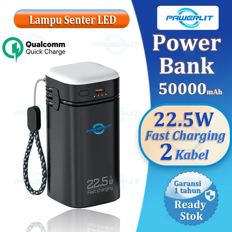 PAWERLIT Powerbank 50000mah Fast Charging Power Bank Type-C Kabel 22.5W PD20W Lampu Emergency Senter LED 0