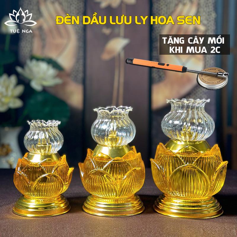 MUA 2 ĐÈN TẶNG 1 CHÂM ĐÈN Đèn Dầu Lưu Ly Hoa Sen Cao Cấp Trưng Ban Thờ Phật Ban Gia Tiên Ban Thờ Thần Tài