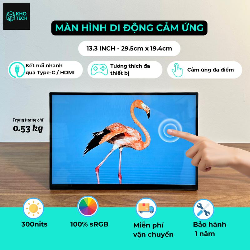 Màn hình di động cảm ứng mặt kính 13.3 inch – Full HD 1080p 60Hz Độ phủ màu 100% SRGB loa kép Tương thích đa thiết bị máy tính xách tay điện thoại PC Kết nối nhanh qua USB Type C HDMI