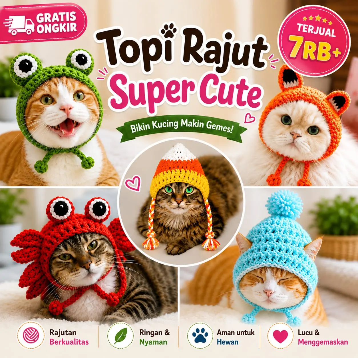 SEMPATI Topi Kucing Anjing Rajut Premium Wool Tebal Motif Kodok Katak Kupluk Lucu Pet Hat Crochet Bucket Hat Aksesoris Baju Kucing Anabul Kitten Puppy Kelinci Monyet Foto Kostum Cosplay Pet Cap