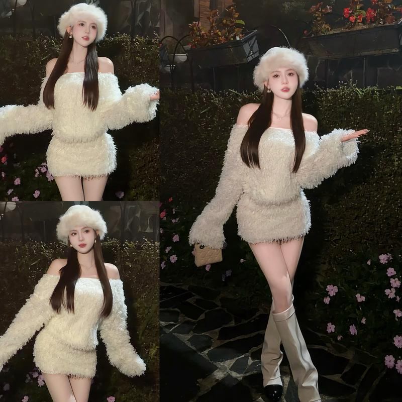  Váy trễ vai liền thân lông xù S126 GON 