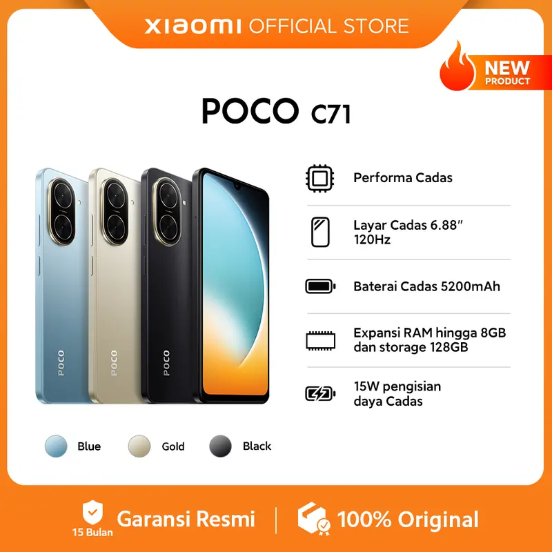 POCO C71 (4+4GB/128GB) Performa Cadas | Layar Cadas 6.88" 120Hz | Baterai Cadas 5200mAh | Expansi RAM hingga 8GB dan storage 128GB | 15W Pengisian daya Cadas [Official Store]